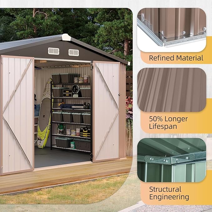 Aoxun 10x8 FT Galvanized Steel Outdoor Storage Shed - Metal Garden Shed with Double Doors, Thick Moisture-Proof Interlocking Floor, Ventilation System - Ideal for Generator & Tool Storage (Brown)