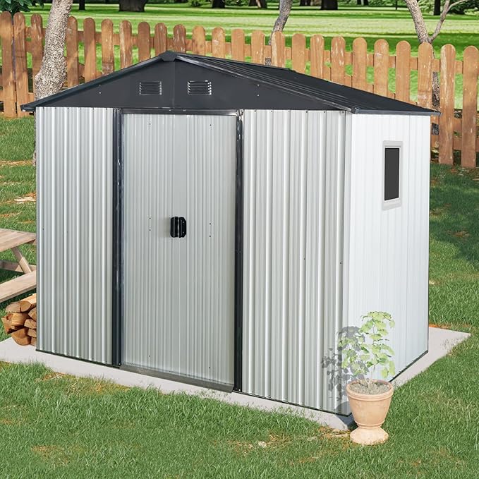 4x8 FT Outdoor Storage Shed, Metal Garden Shed with Frame Floor, Outside Tool Shed with Window, Waterproof Storage Building with Lockable Sliding Doors & Sloped Roof for Backyard, Patio, White+Black