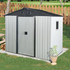 4x8 FT Outdoor Storage Shed, Metal Garden Shed with Frame Floor, Outside Tool Shed with Window, Waterproof Storage Building with Lockable Sliding Doors & Sloped Roof for Backyard, Patio, White+Black