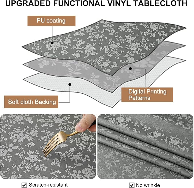 Smiry Rectangle Waterproof Heavy Duty Vinyl Tablecloths, 70 x 90 Inch | Wipeable Washable Floral Embossed Table Cover for Kitchen and Dining Room, Indoor & Outdoor Use, Grey