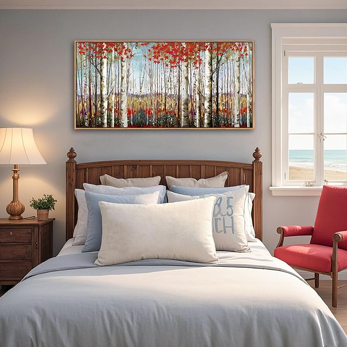 Large Framed Wall Art for Living Room Birch Tree Wall Decor Red Forest Painting Artwork Wall Decoration Nature Pictures Wall Art Fall Above Bed Wall Decor