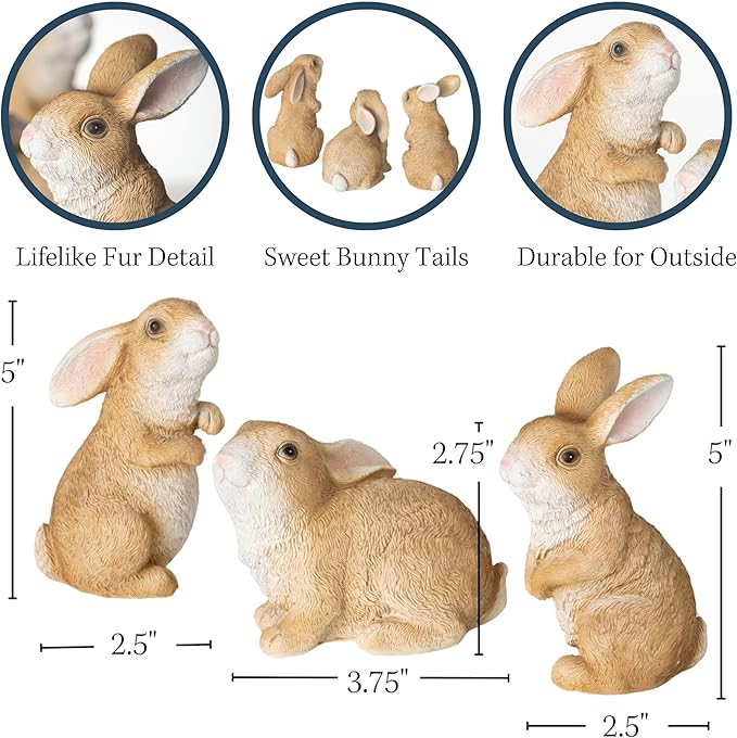 Sullivans Outdoor Garden Bunny Set of 3, 3.75" & 5" Spring Easter Bunnies Decoration Figurines for Gardens, Yard, Small Light Weight Baby Rabbit Garden Statues for Outside Patio, Porch, or Flower Pots