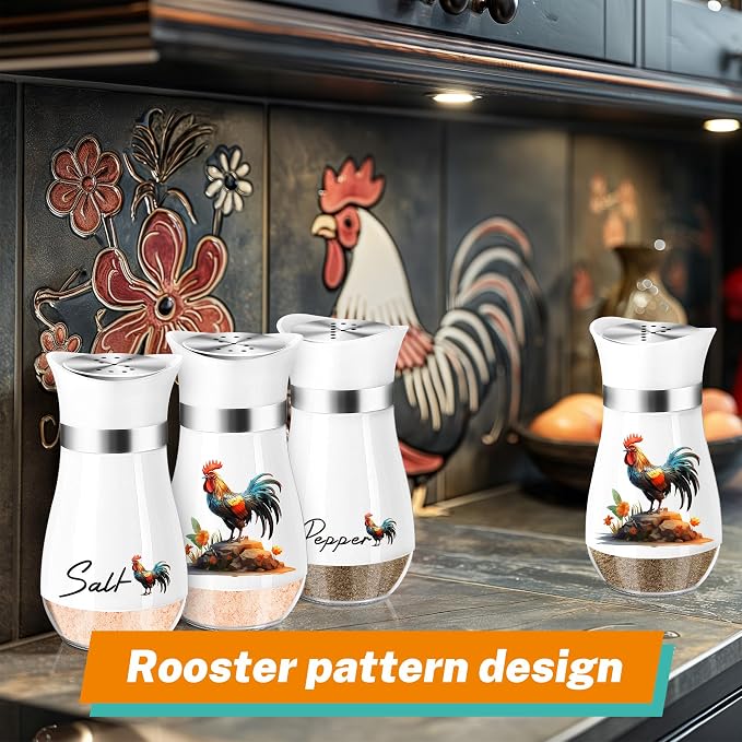 Arrozon Rooster Salt and Pepper Shakers - 4 oz Glass Set, Steel Lids | Rooster Design with Glass Bottoms and Stainless Steel Lids Adds Farmhouse Charm to Kitchen Counters and Makes Refilling Easy.