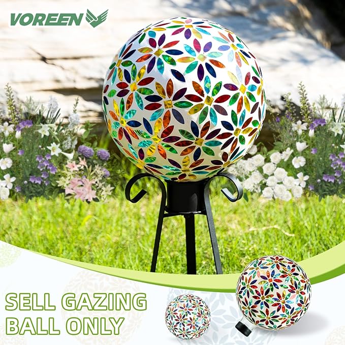 VOREEN Mosaic Glass Gazing Ball Outdoor Gazing Globe, Handmade Reflective Ball Yard Decoration for Homes, Patio, Lawn and Gardens, Gift for Mom Wife Friend, 10-Inch, Multi Colored Flowers Design