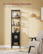 VASAGLE 6-Tier Bookcase, Bookshelf with Rattan-Like Door, Boho Style, Freestanding 15.7-Inch Wide Storage Shelf, Metal Frame, Adjustable Shelf, for Living Room, Ebony Black and Matte Black ULLS122B56