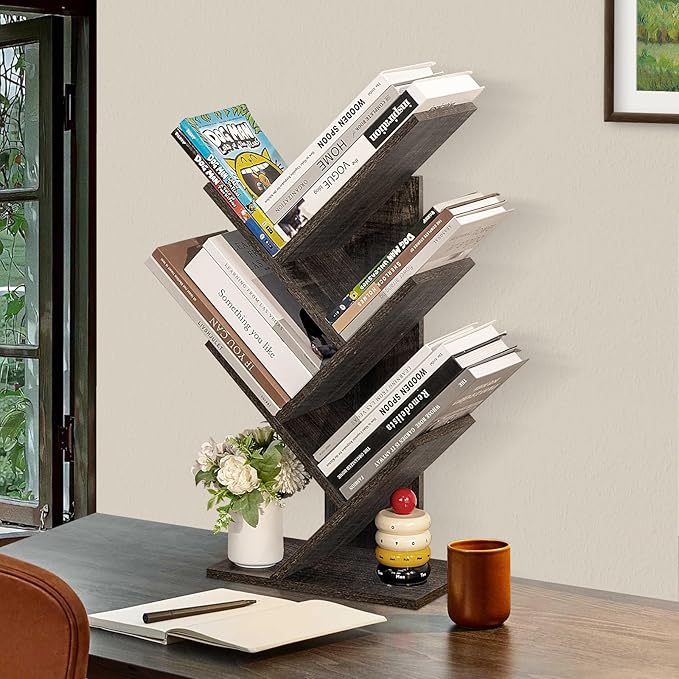 5 Tier Tree Book Shelf, Small Desktop Bookshelf with Storage Organizer, Wood Bookcase, Desk Display Bookshelves, Floor Standing Organizer Bookcases for Living Room,Bedroom,Office-Dark Grey