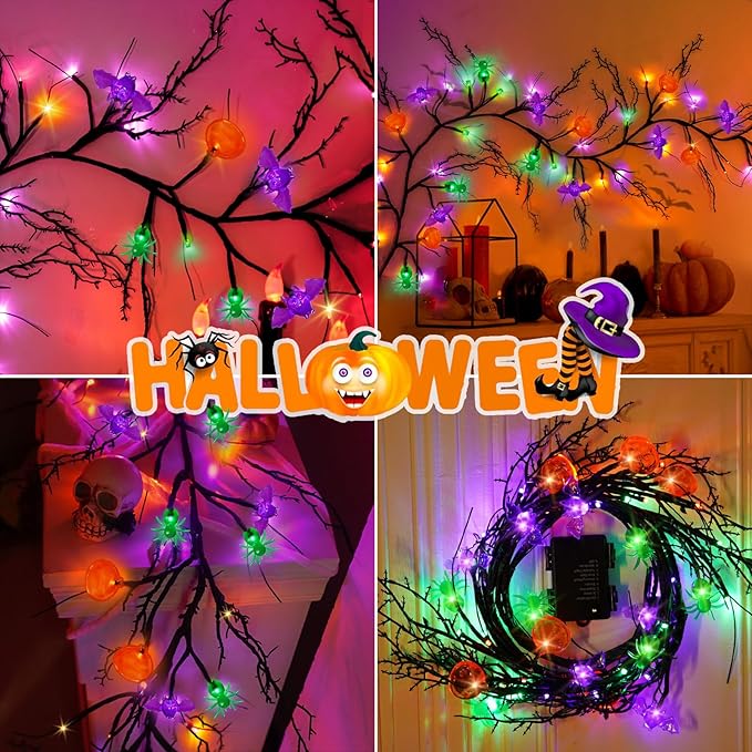 [8 Modes & Timer] 6 Ft Halloween Willow Vine Twig Decor Garland with Bats Pumpkins Spiders Lights, 54 LED Battery Operated Halloween Lights for Indoor Home Mantle Fireplace Decor