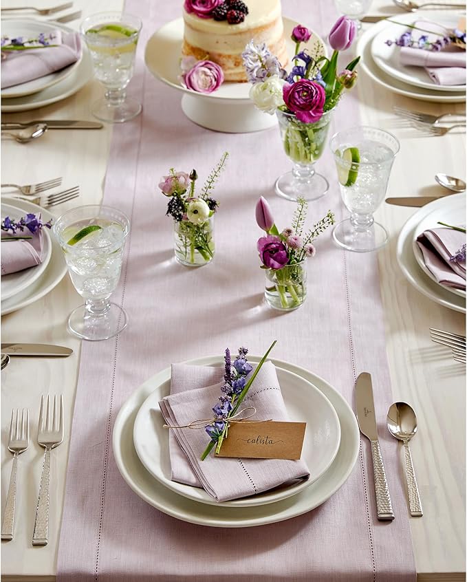 Solino Home Linen Lilac Table Runner 132 Inches Long - 100% Pure Linen Extra Long Table Runner 14 x 132 Inch - Classic Hemstitch