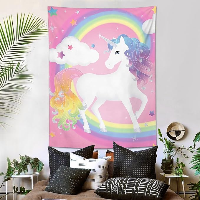 yowecso Unicorn Tapestry Rainbow Wall Hanging for Bedroom, Pink Unicorn Tapestries Aesthetic Wall Decor for Home, Dorm, Living Room - 60"x90"