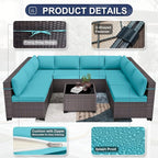 Patio Furniture Set 9-Pieces Outdoor Furniture for Backyard Wicker Sectional Sofa Set, Rattan Patio Conversation Set with Thickened Cushions and Glass Coffee Table, Turquoise