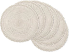 SHACOS Round Placemats Set of 6 Boho Braided Bordered Place Mats 15 inch for Dining Tables Wedding Holiday Party (Ivory Bordered, 6)