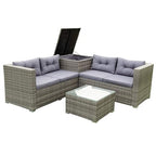 Patio Furniture Set, 4 Pieces PE Wicker Rattan Outdoor Conversation Sectional Sofa with Tempered Glass Table and Storage Box, for Backyard Lawn Garden Lown Porch, E-Grey