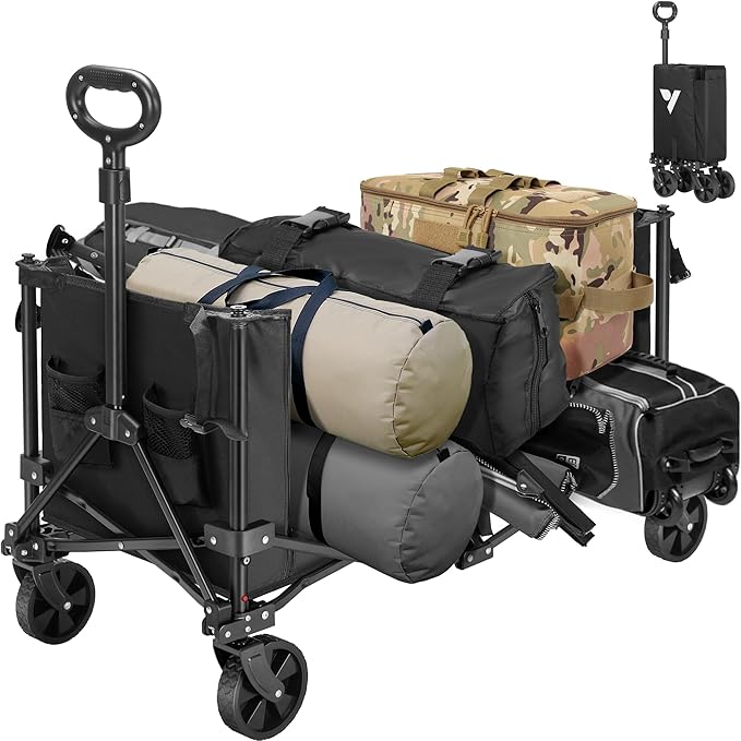 VIVOSUN Collapsible Wagon with Side Gates, 220lb Load-Bearing Outdoor Utility with All-Terrain Wheels, Adjustable Handle, Cup Holders for Camping, Shopping, Garden, Sports, Picnic, Black