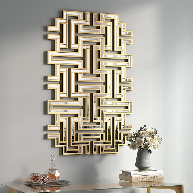 KOHROS Large Modern Gold Wall Mirror - 46.5"x30" Geometric Maze Design Decorative Mirror for Home Decor Living Room Entryway Hallway Farmhouse, Mirrors for Wall Decor