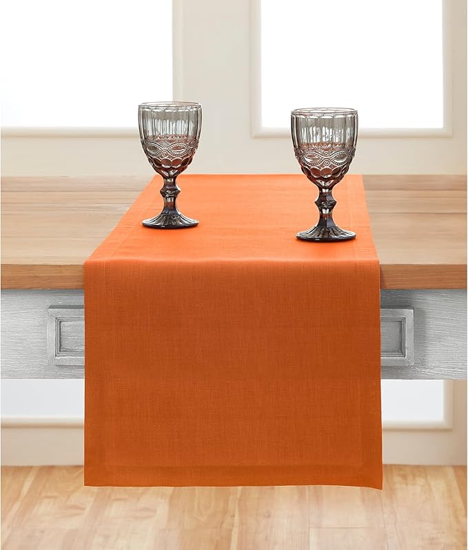 Solino Home Linen Pumpkin Table Runner 60 Inches - 100% Pure Linen Farmhouse Short Table Runner 14 x 60 Inch Ideal for Dresser and Coffee Tables - Fete - Fall, Autumn, Halloween, Thanksgiving
