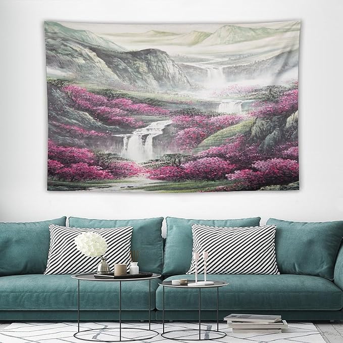Japanese Tapestry, Red Plum Blossom Mountain Tapestry, Asian Japanese Wall Tapestry, Nature Landscape Tapestries for Bedroom Living Room Decor 60"x40"