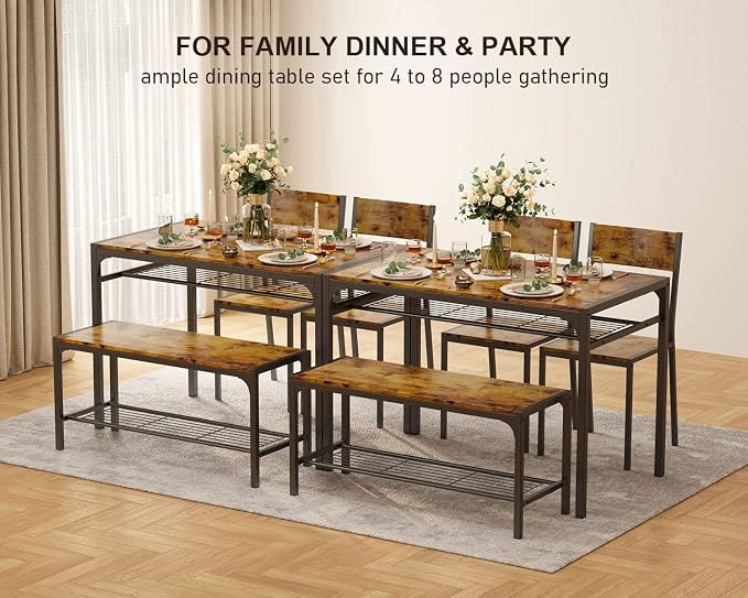 Gizoon 4-Piece Dining Table Set for 4, Kitchen Table with Bench Rustic | Space-saving rustic 4-piece dinette set with metal storage rack. Includes 2 ergonomic chairs and 1 bench. Easy to clean.