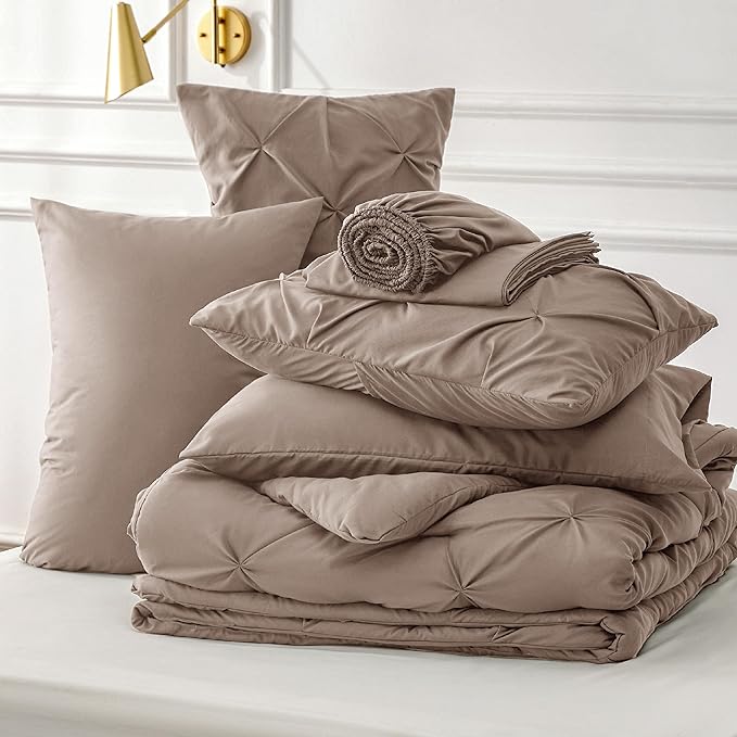 Bedsure California King Comforter Set Khaki - Cal King Bed Set 7 Pieces, Pinch Pleat Cali King Bedding Set with Comforter, Sheets, Pillowcases & Shams