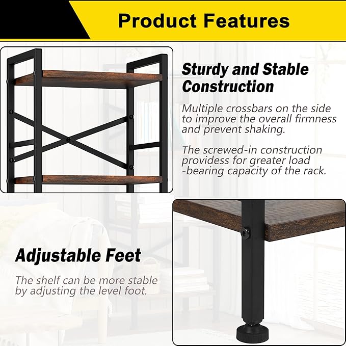 4 Tier Book Shelf, Small Bookshelf Storage Organizer, Tall Narrow Bookcase with Storage Shelves, Wooden Industrial Office Shelves for Bedroom, Living Room, Rustic Brown