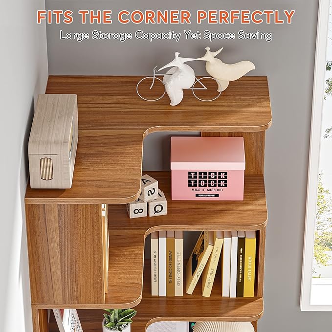 6-Shelf Corner Bookshelf, 65” Tall L Shaped Bookcase, 6-Tier Industrial Corner Shelf Storage Display Rack for Living Room Home Office, Wood Grain Walnut