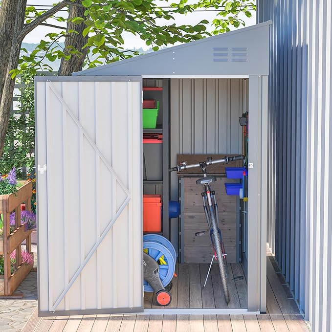 4x8 FT Outdoor Storage Shed,Lean to Lockable Metal Garden Shed Steel with Reinforced Beams,All Weather Waterproof Storage House W/Lockable Door&2 Air Vents,for Backyard,Patio,Lawn,Garden,Gray
