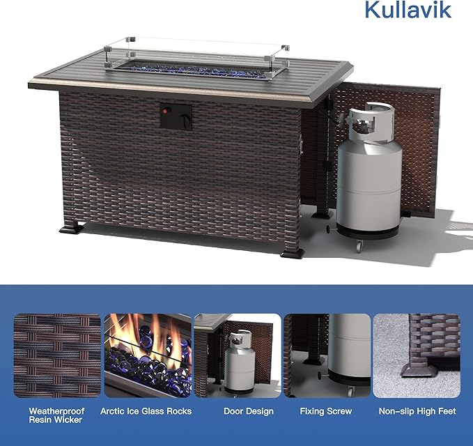 Kullavik 8 Pieces Outdoor Patio Furniture Set with 43" Gas Propane Fire Pit Table PE Wicker Rattan Sectional Sofa Patio Conversation Sets,Grey