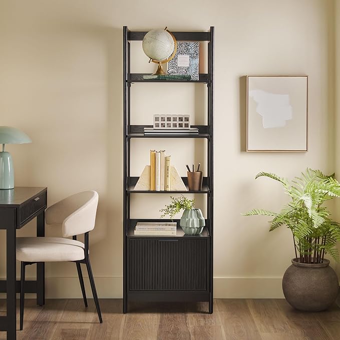 Walker Edison Modern Narrow Open Bookshelf Bottom, 22 Inch, One-Drawer Black