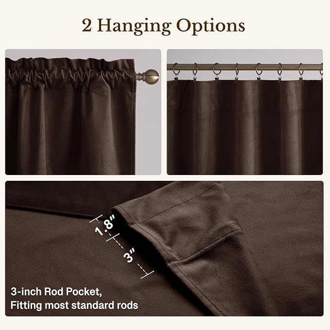 Brown Valance for Windows 52x18 Inch 1 Panel | Solid Velvet Wavy Kitchen Curtains for Small Window, Autumn Traditional Home Decor Window Treatment for Living Room
