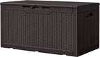 Greesum 100 Gallon Resin Deck Box Large Outdoor Storage, Imitation Rattan Weave Texture for Patio Furniture, Garden Tools, Pool Supplies, Weatherproof and UV Resistant, Lockable, Dark Brown