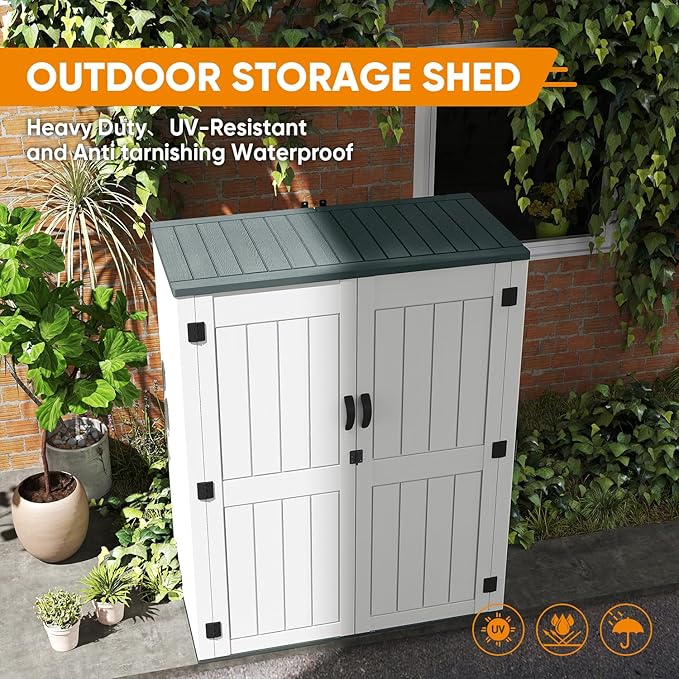 4.5 x 5.7 FT Outdoor Storage Shed, 59 Cuft Outside Waterproof Storage Cabinet, HDPE Resin Plastic 385 Gallon Outdoor Storage Container, Vertical Lockable Storage Shed, Light Grey