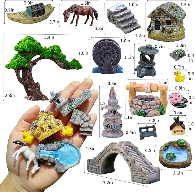 37PCS Fairy Garden Accessories, Miniature Nature Village Theme Fairy Garden Supplies for Outdoor, Mini Resin Animals House Bridge Pool Figurines Micro Landscape Succulent Plant Pots Terrarium Decor
