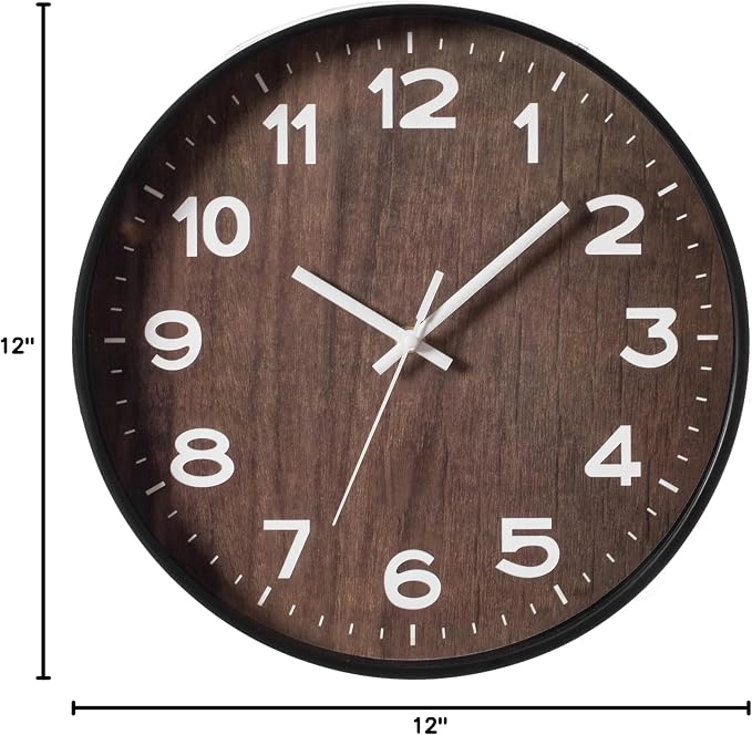 Decorative Modern Round Wood- Looking Plastic Wall Clock for Living Room, Kitchen, or Dining Room, Brown