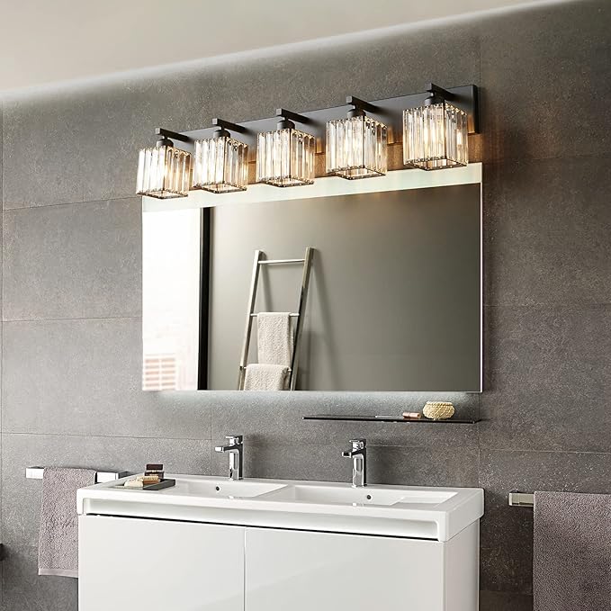 Modern Black Crystal Bathroom Vanity Light - 5-Lights Wall Light Fixtures