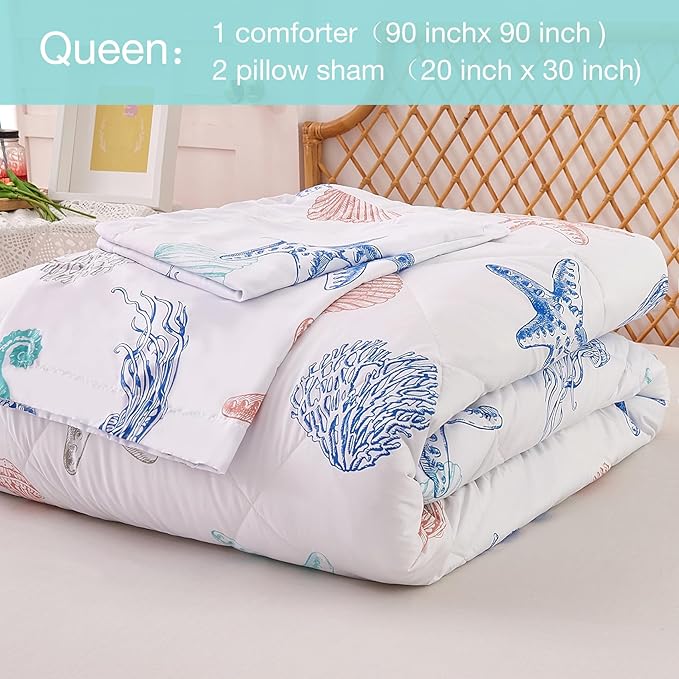 JSD 3 Piece Queen Beach Theme Kids Comforter Set, Jellyfish Starfish Shell Printed Comforter with Pillow Sham, Soft Comfortable Machine Washable
