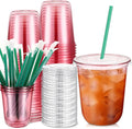 Baderke 25 Set Plastic Cups with Lids and Straws, Disposable Plastic Iced Coffee Cup for Cold Beverage Juice Smoothie Crystal for Coffee Shops Party Catering (Pink,14 oz)