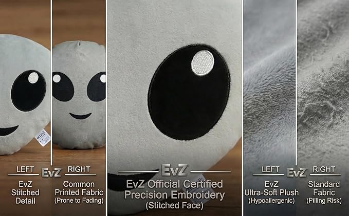 EvZ Official Certified Alien Emoji Pillow - 31cm Large Soft Plush Grey Outer Space Emoticon Cushion - Unique Decorative Stuffed Toy for Sci-Fi Fans, Techies & Modern Room Decor (Grey)