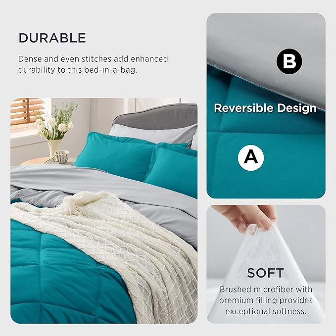 Bedsure Teal Twin Comforter Set - 5 Pieces Reversible Twin Bed in a Bag, Extra Long Twin Bed Set with Comforters, Sheets, Pillowcase & Sham, Twin Bedding Sets for College
