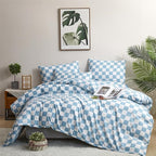 Wellboo Blue White Plaid Comforter Sets California King Women Men Light Blue and White Checkerboard Grid Bedding Comforters Cal King Cotton Dusty Blue Checkered Geometric Quilts Luxury Sky Blue Bed