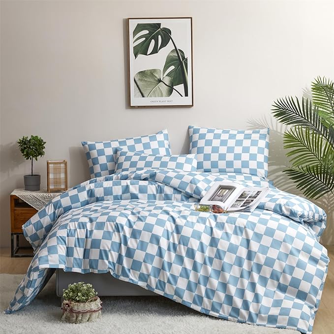 Wellboo Blue White Plaid Comforter Sets California King Women Men Light Blue and White Checkerboard Grid Bedding Comforters Cal King Cotton Dusty Blue Checkered Geometric Quilts Luxury Sky Blue Bed