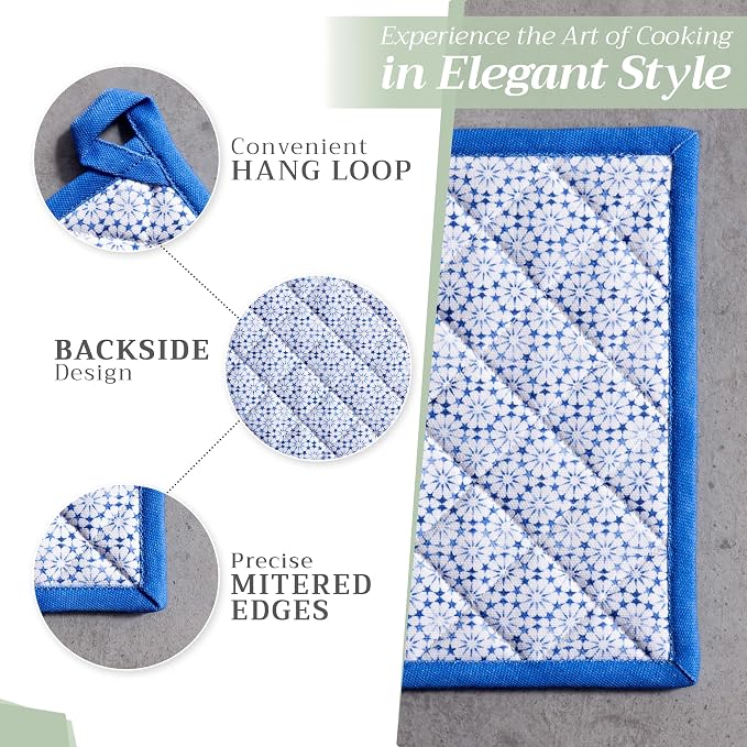 Maison d' Hermine 100% Cotton Oven Mitt & Pot Holder Set (7.5"x13" & 8"x8") | Heat Resistant BBQ Cooking Gloves with Loop Baking Grilling Kitchen Hotel Home Farmhouse Spring Summer - Passiflora