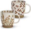 18 Oz Large Ceramic Coffee Mug Set of 2 - Rustic Handmade Floral Mugs with Handle, Microwave Safe for Latte Espresso Cappuccino Tea Cocoa Milk, Modern Unique Big Cups for Kitchen Women(Caramel Brown)