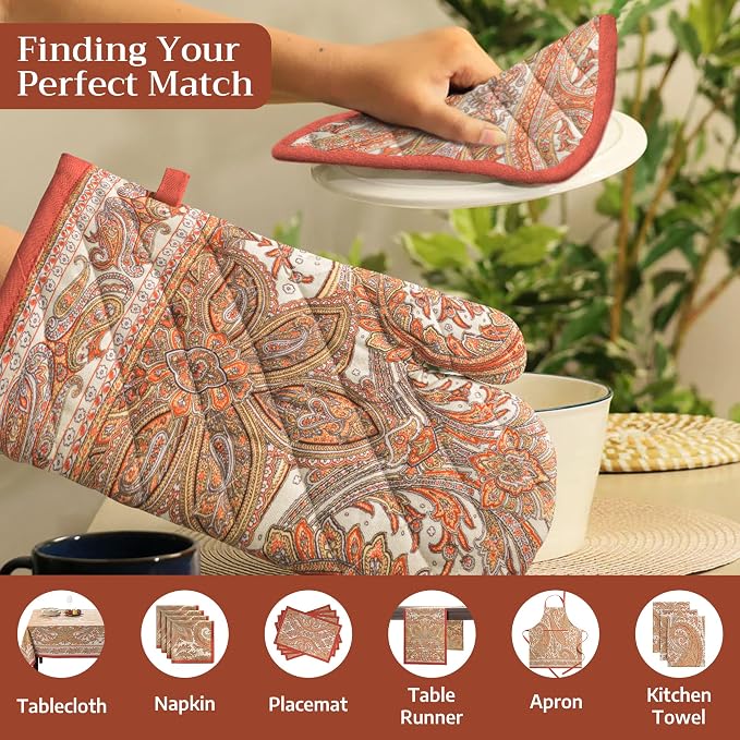 Maison d' Hermine Pot Holders 100% Cotton Potholders (8" x 8", Pack of 2) | Heat Resistant Hot Pads with Loop BBQ Cooking Baking Hotel Kitchen Handling Hot Pans Thanksgiving Christmas - Kashmir Paisley