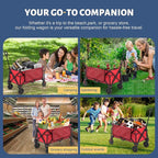 Collapsible Folding Wagon Cart, 220LBS Heavy Duty Foldable Utility Garden Cart with All Terrain Wheels & Side Storage Bag, Portable Sports Wagon for Camping, Shopping, Garden. (Red)