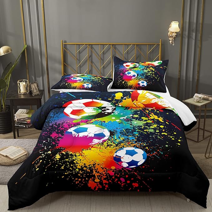 Bodhi Boys Teen Comforter Set Queen,Soccer Comforter Set Queen,Boys Sports Comforter Set Queen,Rainbow Graffiti Football Bedding Set for Boys,Kids,Teens with Matching Pillowcases