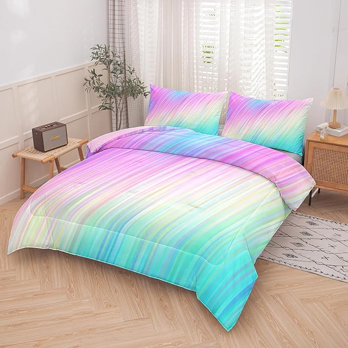 Bodhi pink full comforter set,comforter set for girls,tie dye bedding set for kids,kids girls bedding sets,full comforter sets for girls,3PCS rainbow bedding set with pillowcase