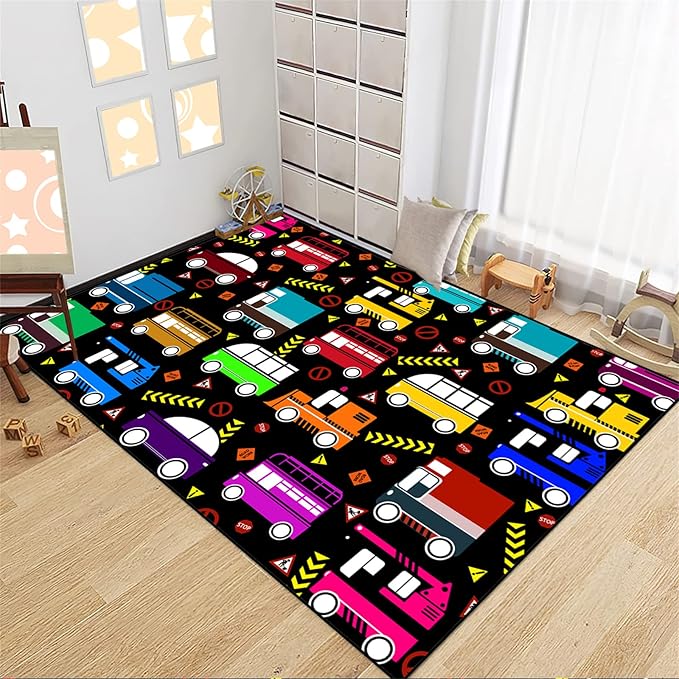 Car Play Mat Kids Rugs for Playroom Car Track Rug Kids Mat Construction Play Mat Car Play Rug Car Carpet for Kids Carpet for Bedroom Truck Rugs for Boys Room,Black 2'5''×4'