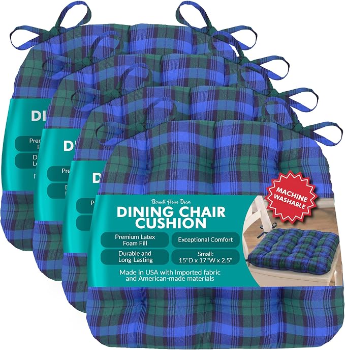 Barnett Home Decor Indoor Dining Chair Cushions - 15x17", Machine Washable, 100% Cotton Upholstery, Premium Latex Foam Fill, Reversible, Durable Kitchen Chair Pad - Tartan Red, Small, Pack of 4