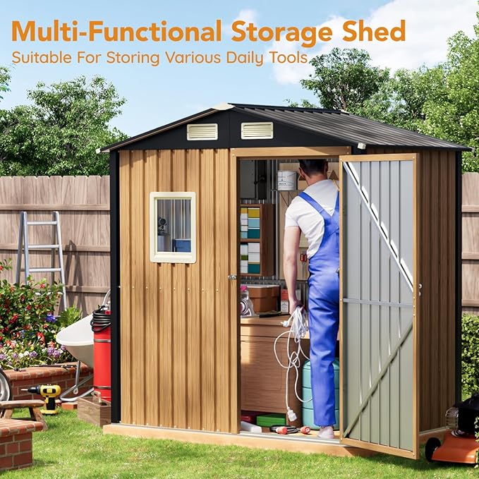 6X4FT Garden Storage Shed with Frame Floor & Lockable Door,Steel Tool Shed with 1 Clear Window, Anti-Corrosion Metal Shed for Backyard Patio Lawn (Light Wood Grain)