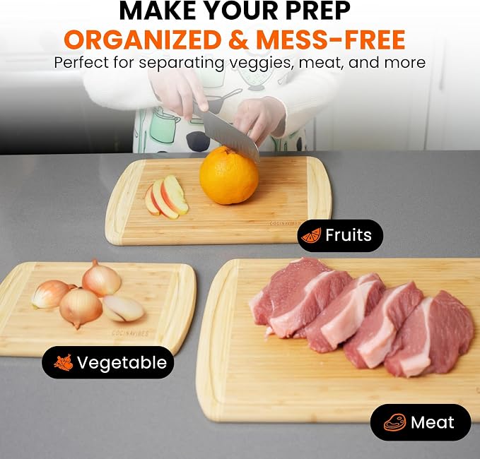 Bamboo Cutting Board Set – Charcuterie & Chopping Boards for Kitchen, Large & Small Sizes, Safe Cutting Boards for Meat, Cheese, Pizza – Home & Kitchen Gift Idea