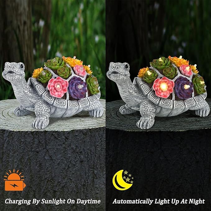FORUP Turtle Garden Statue, Resin Turtle Figurine Garden Lawn Ornaments with Solar LED Lights for Outdoor Yard Garden Decorations, Grey